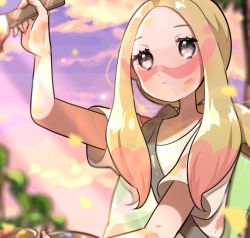 Rule 34 | 1girl, absurdres, blonde hair, blurry, blurry background, closed mouth, cloud, commentary request, creatures (company), fingernails, game freak, grey eyes, highres, holding, holding brush, holding palette, kurumiya (krmy p), long hair, looking at object, mina (pokemon), nintendo, outdoors, painting (action), palette (object), pokemon, pokemon sm, purple sky, sharp fingernails, short sleeves, sky, solo, twilight, upper body
