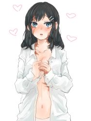 Rule 34 | 1girl, ayu (sweetfish man), black hair, blue eyes, blush, breasts, burn scar, cleavage, dorei to no seikatsu ~teaching feeling~, hair ornament, hairclip, heart, highres, long hair, looking at viewer, open clothes, open mouth, scar, sketch, small breasts, solo, sylvie (dorei to no seikatsu)