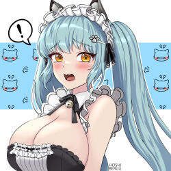 Rule 34 | !, 1girl, animal ears, apron, artist name, black dress, blue hair, blush, breasts, cat ears, cleavage, dress, fake animal ears, goddess of victory: nikke, hoshiberuu, large breasts, light blue hair, long hair, looking at viewer, maid, maid headdress, neck bell, official alternate costume, paw hair ornament, privaty (nikke), privaty (unkind maid) (nikke), solo, spoken exclamation mark, twintails, very long hair, wavy mouth, white apron, yellow eyes