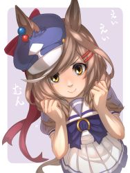 Rule 34 | 1girl, absurdres, animal ears, brown hair, clenched hands, commentary request, ears through headwear, hair ornament, hairclip, hat, highres, horse ears, looking at viewer, matikane tannhauser (umamusume), pleated skirt, purple background, school uniform, simple background, skirt, smile, solo, swept bangs, thin (suzuneya), tracen school uniform, umamusume, yellow eyes