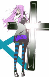 Rule 34 | 1girl, air gear, black pantyhose, blue background, blue eyes, blue pantyhose, blue skirt, closed mouth, cross, fingernails, full body, grey vest, hair between eyes, hair ornament, hairclip, hillrockover21, legs apart, light smile, long hair, long legs, looking to the side, musical note, neck ribbon, pantyhose, puffy short sleeves, puffy sleeves, purple hair, ribbon, shirt, shoes, short sleeves, simple background, skirt, solo, standing, striped clothes, striped pantyhose, sumeragi kururu, two-tone background, two-tone legwear, vest, white background, white footwear, white shirt, wind
