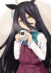 Rule 34 | 1girl, ahoge, animal ears, aqua bow, aqua bowtie, black hair, bow, bowtie, closed mouth, coffee mug, collared shirt, commentary request, cosplay, cowboy shot, cup, dress, ear piercing, earrings, hair between eyes, hayashimo (kancolle), hayashimo (kancolle) (cosplay), highres, holding, holding cup, horse ears, horse girl, jewelry, kantai collection, long bangs, long hair, long sleeves, looking at viewer, manhattan cafe (umamusume), mug, multicolored hair, partial commentary, piercing, red dress, school uniform, shirt, sidelocks, simple background, single earring, solo, standing, steam, trait connection, umamusume, very long hair, white hair, white shirt, yasume yukito, yellow eyes