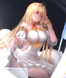 Rule 34 | 1girl, absurdres, bare shoulders, black background, blonde hair, breasts, choker, clothes lift, detached sleeves, dress, dress lift, granblue fantasy, hair between eyes, hair intakes, highres, impossible clothes, jeanne d&#039;arc (granblue fantasy), large breasts, long hair, nikumocchi, purple eyes, simple background, sitting, solo, white dress