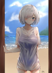 Rule 34 | 10s, 1girl, beach, blue eyes, blue sky, blue one-piece swimsuit, blush, breasts, cloud, competition school swimsuit, dated, day, forest, hair ornament, hair over one eye, hairclip, hamakaze (kancolle), highres, island, kantai collection, looking at viewer, nature, one-piece swimsuit, outdoors, poisonousgas, sand, school swimsuit, shirt, short hair, signature, silver hair, sky, solo, swimsuit, swimsuit under clothes, tree, water, wet, wet clothes, wet shirt