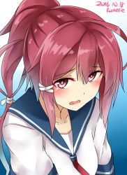 Rule 34 | 10s, 1girl, artist name, blue background, collarbone, commentary request, dated, eyebrows, from above, gradient background, hair between eyes, highres, i-168 (kancolle), kamelie, kantai collection, looking at viewer, one-hour drawing challenge, open mouth, pink eyes, pink hair, ponytail, school uniform, short sleeves, skirt, solo, white background, white skirt