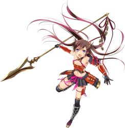 Rule 34 | &gt;:o, 1girl, :o, black thighhighs, breasts, brown hair, checkered clothes, checkered skirt, elbow gloves, flat chest, full body, gloves, holding, holding polearm, holding spear, holding weapon, long hair, murakami yuichi, official art, oshiro project:re, oshiro project:re, pleated skirt, polearm, purple eyes, sakuma kanazawa (oshiro project), skirt, small breasts, solo, spear, tabi, thighhighs, transparent background, two side up, v-shaped eyebrows, weapon