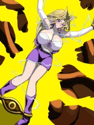 Rule 34 | blonde hair, breasts, cleavage, electricity, electrodes, electrostimulation, highres, jacket, kujaku mai, large breasts, leather, leather jacket, leather skirt, long hair, milkcarton man, open mouth, purple eyes, purple skirt, restrained, shiny clothes, skirt, thick thighs, thighs, torture, yu-gi-oh!, yu-gi-oh! duel monsters