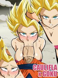 Rule 34 | 10s, 1boy, 1girl, :&gt;=, bare shoulders, blonde hair, blush, breasts, caulifla, cheating (relationship), cum, cum in nose, darm engine, dragon ball, dragon ball super, green eyes, hand on another&#039;s head, hetero, large breasts, looking at viewer, male pubic hair, oral, penis, pov, pubic hair, saiyan, solo focus, son goku, spiked hair, stray pubic hair, super saiyan, super saiyan 2, tank top, text focus, uncensored