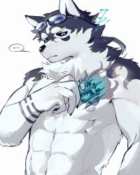 Rule 34 | ..., 1boy, abs, animal ears, bara, black sclera, blue eyes, colored sclera, commentary request, dog boy, dog ears, furry, furry male, goggles, goggles on head, highres, looking at self, male focus, masanori (housamo), multiple scars, nanaisan (713), pectorals, scar, scar on chest, scar on face, scar on head, scar on nose, scratching, scratching chest, signature, speech bubble, tokyo houkago summoners, topless male, upper body, white background