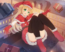 Rule 34 | 1girl, :d, absurdres, armpit peek, ass, bad id, bad pixiv id, belt, belt buckle, black ribbon, black thighhighs, blonde hair, blush, buckle, building, capelet, chimney, christmas, commentary, dress, english commentary, full body, gift, gloves, green eyes, hat, head tilt, highres, knees up, long hair, looking at viewer, midair, open mouth, original, outdoors, outstretched arms, pom pom (clothes), red capelet, red dress, red footwear, red gloves, red hat, ribbon, santa costume, santa hat, shoes, sidelocks, sleeveless, sleeveless dress, smile, snowing, solo, thighhighs, two side up, window, xue lu