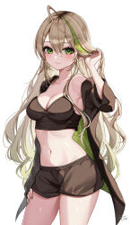 Rule 34 | 1girl, absurdres, ahoge, armpits, black camisole, black shirt, black shorts, blonde hair, blush, breasts, camisole, cleavage, closed mouth, commentary request, cowboy shot, crop top, green eyes, green hair, green nails, hair between eyes, hand in own hair, hand on own thigh, hand up, highres, kudou (sikisiki0000), lace trim, long hair, looking at viewer, medium breasts, multicolored hair, off shoulder, open clothes, open shirt, original, shirt, short shorts, shorts, signature, simple background, single bare shoulder, smile, solo, stomach, streaked hair, thighs, two-tone hair, very long hair, wavy hair, white background
