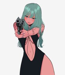 Rule 34 | 1girl, asymmetrical clothes, black dress, breasts, cowboy shot, dress, green eyes, green hair, gun, handgun, holding, holding gun, holding weapon, isabel (chabeescalante), long hair, medium breasts, original, parted lips, purple nails, simple background, solo, tattoo, underboob, weapon, white background