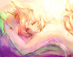 Rule 34 | 1girl, afterglow, animal ears, bed, blonde hair, breasts, dearmybrothers, female focus, fox ears, fox tail, looking at viewer, lying, nude, on bed, pillow, pov, pov across bed, revision, smile, solo, tail, touhou, upper body, yakumo ran, yellow eyes
