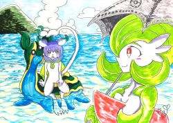 Rule 34 | 1girl, absurdres, artist name, beach, blue sky, blush, blush stickers, breasts, cloud, collarbone, colored skin, creatures (company), day, eye contact, full body, furry, game freak, gardevoir, gastrodon, gen 3 pokemon, gen 4 pokemon, green eyes, green hair, green skin, hair over one eye, hand up, highres, holding, hot, looking at another, mountain, multicolored skin, nintendo, open mouth, original, outdoors, parasol, partially submerged, poke ball symbol, poke ball theme, pokemon, pokemon (creature), purple hair, red eyes, riding, short hair, signature, sitting, sky, small breasts, sweat, tail, traditional media, two-tone skin, umbrella, upper body, water, white skin, yuumikuchi