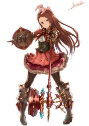 Rule 34 | &gt;:), 10s, 1girl, absurdres, armor, brown eyes, brown hair, buckler, corset, floral print, frilled skirt, frills, full body, gauntlets, granblue fantasy, greaves, highres, idolmaster, idolmaster (classic), long hair, looking at viewer, mace, minase iori, outstretched arm, pink skirt, serious, shield, short eyebrows, signature, simple background, skirt, smile, solo, spiked mace, spikes, stuffed animal, stuffed rabbit, stuffed toy, v-shaped eyebrows, war hammer, weapon, white background, yatsuka (846)