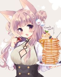 Rule 34 | 1girl, animal ears, bad id, bad twitter id, berry, breasts, buttons, cat ears, cat girl, cleavage, cleavage cutout, clothing cutout, collarbone, corset, double bun, dress shirt, food, fork, fruit, hair bobbles, hair bun, hair ornament, hands up, heart, heart hair ornament, highres, holding, holding food, holding fruit, holding plate, irone (miyamiya38), large breasts, long sleeves, looking at viewer, open mouth, original, pancake, pancake stack, plate, shirt, simple background, smile, solo, strawberry, thank you, tongue, turtleneck, vest, white shirt