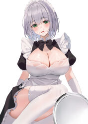 Rule 34 | 1girl, alternate costume, black bow, black bowtie, blush, bow, bowtie, breasts, cleavage, elbow gloves, enmaided, frills, gloves, green eyes, haro art, highres, hololive, large breasts, looking at viewer, maid, maid headdress, open mouth, raised eyebrows, shirogane noel, short hair, simple background, sitting, skindentation, solo, thighhighs, thighs, tray, virtual youtuber, white background, white thighhighs