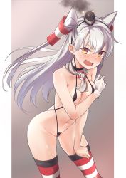 Rule 34 | 1girl, amatsukaze (kancolle), blush, breasts, covering breasts, covering privates, fang, gloves, grey hair, grey neckerchief, hair ornament, hair tubes, highres, kantai collection, long hair, long sleeves, neckerchief, nose blush, open mouth, partially visible vulva, rampage 2nd, red thighhighs, simple background, single glove, slingshot swimsuit, small breasts, smoke, smokestack, smokestack hair ornament, solo, striped clothes, striped thighhighs, swimsuit, thighhighs, two side up, white gloves, yellow eyes