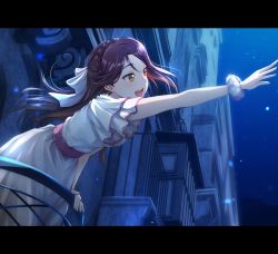 Rule 34 | 1girl, artist name, birthday, braid, commentary request, crown braid, dated, frilled sleeves, frills, hair ribbon, half updo, jewelry, letterboxed, long hair, love live!, love live! school idol festival, love live! sunshine!!, necklace, night, night sky, outstretched arm, pink scrunchie, polka dot, polka dot scrunchie, reaching, red hair, ribbon, sakurauchi riko, scrunchie, shamakho, short sleeves, signature, sky, smile, solo, star (sky), starry sky, window, wrist scrunchie, yellow eyes