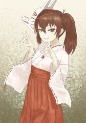 Rule 34 | 1girl, brown eyes, brown hair, eyebrows hidden by hair, hair between eyes, hakama, highres, japanese clothes, kantai collection, magatama, mask, mask on head, miko, nito (nshtntr), red hakama, ribbon-trimmed sleeves, ribbon trim, ryuujou (kancolle), smile, solo, twintails, wide sleeves