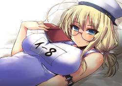 Rule 34 | 10s, 1girl, ahoge, armband, bare shoulders, blonde hair, blue eyes, blush, book, breasts, glasses, hair ribbon, hat, holding, holding book, i-8 (kancolle), kantai collection, large breasts, looking at viewer, low twintails, lying, name tag, on back, one-piece swimsuit, open book, peaked cap, pillow, red-framed eyewear, ribbon, sailor hat, school swimsuit, semi-rimless eyewear, shinshin, solo, swimsuit, twintails, under-rim eyewear, white hat, white one-piece swimsuit, white school swimsuit