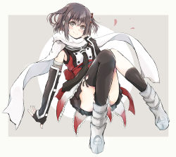 Rule 34 | 1girl, absurdres, black gloves, black hair, black necktie, black skirt, brown eyes, buttons, dairyo3, double-breasted, elbow gloves, fingerless gloves, full body, gauntlets, gloves, highres, kantai collection, kneehighs, looking at viewer, necktie, scarf, school uniform, sendai (kancolle), sendai kai ni (kancolle), serafuku, single kneehigh, single sock, single thighhigh, skirt, socks, solo, thighhighs, two side up, white scarf
