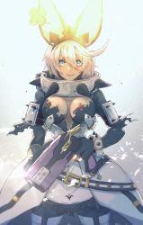 Rule 34 | 1girl, ahoge, animal ears, armband, belt, blue eyes, bracelet, breasts, rabbit ears, cleavage, cleavage cutout, clothing cutout, clover, collar, crack, dress, elphelt valentine, fake animal ears, fingerless gloves, four-leaf clover, gloves, grey hair, guilty gear, guilty gear xrd, gun, hair between eyes, highres, jewelry, large breasts, looking at viewer, medium hair, roas01b, simple background, smile, solo, spiked collar, spikes, sunlight, weapon, wedding dress