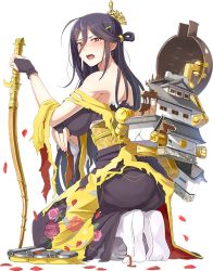 Rule 34 | 1girl, black hair, blush, bridal gauntlets, floral print, full body, hair ornament, holding, holding sword, holding weapon, japanese clothes, kimono, long hair, mole, mole under eye, official art, open mouth, petals, red eyes, shirohime quest, solo, sword, tabi, torn clothes, transparent background, weapon