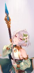 Rule 34 | 1girl, antenna hair, bare shoulders, blush, breasts, detached sleeves, dress, elf, flower, hair between eyes, hair flower, hair ornament, highres, holding, holding polearm, holding spear, holding weapon, kinta (distortion), kokkoro (princess connect!), long sleeves, looking at viewer, open mouth, pink eyes, pointy ears, polearm, princess connect!, short hair, silver hair, sleeveless, sleeveless dress, small breasts, solo, spear, weapon, white flower