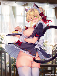 Rule 34 | 1girl, ahoge, alternate costume, anal tail, animal ear fluff, animal ears, apron, artist name, ass, back bow, bell, blonde hair, blush, bow, braid, breasts, butt plug, cat ears, cat tail, cherry, clothes lift, commentary request, curtains, dessert, dress, dress lift, enmaided, fake tail, fang, fate/grand order, fate (series), food, french braid, frills, from behind, fruit, green eyes, hair bow, hair ribbon, hand up, highres, holding, holding tray, indoors, jingle bell, large breasts, leaf, looking at viewer, looking back, maid, maid headdress, nero claudius (fate), nero claudius (fate) (all), nero claudius (fate/extra), obiwan, one eye closed, open clothes, open dress, open mouth, partially visible vulva, pearl thong, plant, puffy short sleeves, puffy sleeves, pussy, pussy peek, red bow, red ribbon, ribbon, short sleeves, sideboob, skindentation, smile, solo, standing, tail, thigh strap, thighs, tray, twitter username, white ribbon, wrist cuffs