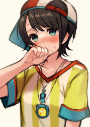 Rule 34 | 1girl, baseball cap, black hair, blouse, blue eyes, blush, breasts, collarbone, commentary, covered mouth, covering own mouth, embarrassed, furrowed brow, hand over own mouth, hat, highres, hololive, looking at viewer, multicolored clothes, multicolored hat, nekohara choco, oozora subaru, oozora subaru (1st costume), red hat, shirt, short hair, short sleeves, simple background, small breasts, solo, stopwatch, stopwatch around neck, striped clothes, striped shirt, sweat, sweatdrop, upper body, vertical-striped clothes, vertical-striped shirt, virtual youtuber, watch, whistle, whistle around neck, white hat, yellow background, yellow shirt