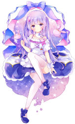 Rule 34 | 1girl, absurdres, animal, bare shoulders, blue bow, blue footwear, blue skirt, blush, bow, closed mouth, commentary, detached sleeves, dress, hair ornament, hand up, heart, heart hair ornament, highres, knee up, long hair, looking at viewer, original, puffy short sleeves, puffy sleeves, purple eyes, purple hair, rabbit, shoes, short sleeves, sitting, skirt, solo, star (symbol), starry background, symbol-only commentary, thighhighs, tsukiyo (skymint), twintails, very long hair, white dress, white sleeves, white thighhighs