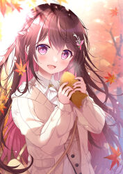 Rule 34 | 1girl, :d, autumn leaves, azki (hololive), bag, blurry, blurry background, blush, brown hair, cardigan, collared shirt, commentary request, depth of field, food, hair between eyes, hands up, highres, holding, holding food, hololive, leaf, long hair, long sleeves, looking at viewer, maple leaf, mikeou, multicolored hair, nail polish, open cardigan, open clothes, open mouth, pink hair, pink nails, puffy long sleeves, puffy sleeves, purple eyes, shirt, short eyebrows, shoulder bag, sleeves past wrists, smile, solo, taiyaki, thick eyebrows, two-tone hair, very long hair, virtual youtuber, wagashi, white cardigan, white shirt