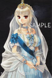 Rule 34 | 1girl, acrylic paint (medium), bad id, bad pixiv id, bare shoulders, blonde hair, blue dress, bow, bracelet, breasts, crown, dress, expressionless, folding fan, gown, hair up, hand fan, impossible clothes, impossible dress, iwami yuuki, jewelry, large breasts, long hair, necklace, off shoulder, orange eyes, original, painting (medium), pastel (medium), princess, red eyes, sample watermark, short sleeves, solo, traditional media, veil, watermark