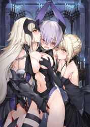 Rule 34 | 3girls, arch, armor, armpits, arms up, artoria pendragon (all), artoria pendragon (fate), asymmetrical docking, bare shoulders, bdsm, black dress, black gloves, black legwear, blonde hair, blue fire, bondage, bound, bound wrists, braid, breast press, breasts, breasts out, candle, candlelight, candlestand, chain, choker, clothing aside, clothing cutout, cowboy shot, deep skin, dress, elbow gloves, embarrassed, fate/grand order, fate (series), faulds, fingering, fire, fur trim, girl sandwich, gloves, gluteal fold, gorget, grabbing, grabbing another&#039;s breast, groin, haijin, hair ribbon, headpiece, jeanne d&#039;arc (fate), jeanne d&#039;arc (ruler) (fate), jeanne d&#039;arc alter (avenger) (fate), jeanne d&#039;arc alter (avenger) (third ascension) (fate), jeanne d&#039;arc alter (fate), large breasts, leotard, leotard aside, licking, licking another&#039;s face, licking armpit, light particles, long hair, looking at another, mash kyrielight, medium breasts, multiple girls, navel, navel cutout, nipples, one eye closed, open mouth, popoccpo, profile, purple eyes, purple gloves, purple hair, pussy juice, restrained, revision, ribbon, saber (fate), saber alter, sandwiched, shiny skin, short hair, sidelocks, single thighhigh, small breasts, stomach, sweat, thigh strap, thighhighs, tongue, tongue out, vambraces, very long hair, yellow eyes, yuri