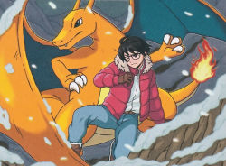 Rule 34 | 1boy, black eyes, black hair, charizard, charmander trainer (pokekyun), closed mouth, creature, creatures (company), denim, dragon, fangs, fiery tail, fire, fire, flame-tipped tail, game freak, gen 1 pokemon, glasses, gloves, horns, jeans, komayama akira, male focus, nintendo, official art, one eye closed, pants, pokemon, pokemon (creature), pokemon tcg, snow, snowing, tail, third-party source, winter clothes