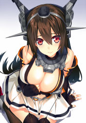 Rule 34 | 10s, 1girl, 3:, bad id, bad pixiv id, bare shoulders, black thighhighs, blush, breasts, brown hair, cleavage, elbow gloves, fingerless gloves, gloves, headgear, hullabaloo, kantai collection, large breasts, long hair, looking at viewer, midriff, miniskirt, nagato (kancolle), red eyes, skirt, solo, thighhighs, zettai ryouiki