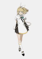 Rule 34 | 1girl, absurdres, black ribbon, blonde hair, blue eyes, dress, grey background, hair between eyes, hair ornament, highres, kagamine rin, looking at viewer, neck ribbon, parted lips, ribbon, shoes, short hair, simple background, socks, solo, standing, vocaloid, white dress, white socks, zhibuji loom
