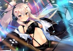 Rule 34 | 1girl, alternate costume, ayanami (azur lane), ayanami (rock &#039;n&#039; demon) (azur lane), azur lane, bare shoulders, black coat, black pantyhose, blush, breasts, coat, commentary request, floating hair, hair between eyes, hair ornament, headgear, headphones, high ponytail, kurot, light brown hair, long hair, looking at viewer, navel, neon trim, off shoulder, open clothes, open coat, pantyhose, ponytail, short shorts, shorts, sidelocks, small breasts, solo, stage, stage lights, stomach, suspender shorts, suspenders, twitter username