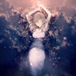 Rule 34 | 1girl, brown hair, closed eyes, cloud, commentary request, constellation, dress, floating, floating hair, hair over shoulder, indie utaite, mes (utaite), night, night sky, original, parted lips, partially submerged, reflection, rella, ripples, short sleeves, sky, solo, space, star (sky), starry sky, sunset, translation request, twilight, vocaloid, white dress, yoake to hotaru (vocaloid)