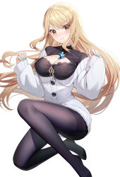 Rule 34 | &gt;:), 1girl, black pantyhose, black shirt, blonde hair, blue nails, blush, breasts, brown eyes, buttons, cardigan, cleavage, cleavage cutout, closed mouth, clothing cutout, commentary request, full body, hands up, highres, kneeling, large breasts, long hair, long sleeves, looking at viewer, mythra (xenoblade), nail polish, no shoes, off shoulder, pantyhose, pinching sleeves, puffy long sleeves, puffy sleeves, ririko (zhuoyandesailaer), shirt, sidelocks, simple background, sleeves past wrists, smile, solo, swept bangs, thighband pantyhose, v-shaped eyebrows, very long hair, white background, white cardigan, xenoblade chronicles (series), xenoblade chronicles 2, yellow eyes