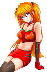 Rule 34 | 10s, 1girl, adapted costume, alternate costume, arm support, bad id, bad pixiv id, blue eyes, brown hair, elbow gloves, eva 16-gouki, evangelion: 3.0 you can (not) redo, gloves, hair ornament, highres, looking at viewer, midriff, navel, neon genesis evangelion, orange hair, plugsuit, race queen, rebuild of evangelion, smile, solo, souryuu asuka langley, thighhighs