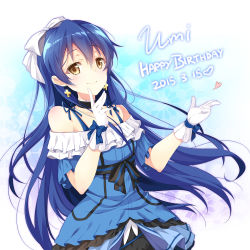 Rule 34 | 10s, 1girl, 2015, blue hair, dated, dress, earrings, gloves, hair ribbon, happy birthday, jewelry, kira-kira sensation!, long hair, looking at viewer, love live!, love live! school idol project, mocha (naturefour), off shoulder, ribbon, smile, solo, sonoda umi, white gloves, yellow eyes