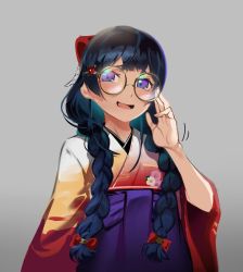Rule 34 | 1girl, adjusting eyewear, alternate hairstyle, bespectacled, black hair, bow, braid, female focus, glasses, grey background, hair bow, hair ornament, hairclip, japanese clothes, kimono, long hair, looking at viewer, mapyuhin za puremiyamu, nijisanji, official alternate costume, parted lips, purple eyes, round eyewear, simple background, smile, solo, tsukino mito, tsukino mito (4th costume), twin braids, upper body, virtual youtuber, wide sleeves