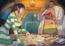 Rule 34 | 1boy, 1girl, alternate universe, arm hair, arm support, bandana, beard, belly, big belly, black hair, blue eyes, book, breasts, closed mouth, coin, collared shirt, commentary request, cowboy shot, cup, dress, drink, eating, facial hair, fat, fat man, fingernails, fisheye, food, food in mouth, food on face, full moon, glasses, height difference, high ponytail, holding, holding food, huge breasts, jewelry, kakutou oukoku, kerosene lamp, lamp, large breasts, leaning forward, long hair, long sleeves, looking at another, map, marshall d. teach, missing tooth, moon, necklace, nico robin, night, night sky, obese, official alternate costume, one piece, one piece: strong world, open book, open clothes, open mouth, open shirt, pants, paper, paper roll, pectorals, pie, plate, pointing, poneglyph, sandwich, saucer, ship interior, shirt, sky, smile, steam, sweat, sweater, sweater dress, table, v-shaped eyebrows, vehicle interior, wide-eyed, wing collar, wooden table