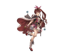 Rule 34 | 10s, 1girl, boots, bow, bracelet, brown eyes, brown hair, cape, detached sleeves, diantha (granblue fantasy), dress, frills, full body, granblue fantasy, hair ornament, hand on own hip, jacket, jewelry, knee boots, looking at viewer, matching hair/eyes, microphone, minaba hideo, open mouth, ribbon, shoes, short dress, short sleeves, side ponytail, simple background, smile, solo, standing, white background