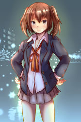 Rule 34 | 1girl, alternate costume, bad id, bad pixiv id, black jacket, blazer, blush, brown eyes, brown hair, city, closed mouth, cowboy shot, glowing, grey skirt, hair between eyes, hands on own hips, jacket, kantai collection, long sleeves, neck ribbon, night, night battle idiot, open clothes, open jacket, red ribbon, ribbon, school uniform, sendai (kancolle), shirt, skirt, solo, two side up, water, white shirt, ynos