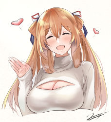 Rule 34 | 1girl, ^ ^, bad id, bad pixiv id, blush, cleavage cutout, closed eyes, clothing cutout, cropped torso, facing viewer, girls&#039; frontline, hair between eyes, hand up, heart, highres, long hair, open mouth, sidelocks, signature, simple background, sleeves past wrists, smile, solo, springfield (girls&#039; frontline), suru (ksoo420), upper body, waving, white background