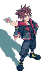 Rule 34 | 1boy, blue eyes, brown hair, clickuu, disney, envelope, fingerless gloves, gloves, highres, hood, jewelry, kingdom hearts, kingdom hearts iii, looking at viewer, male focus, necklace, nintendo, short hair, simple background, smash invitation, smile, solo, sora (kingdom hearts), spiked hair, square enix, super smash bros., white background
