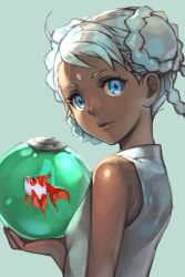 Rule 34 | 1girl, ahoge, bare shoulders, blue eyes, chuchumy, fish, from side, gundam, gundam g no reconguista, hungry clicker, looking at viewer, sleeveless, solo, white hair